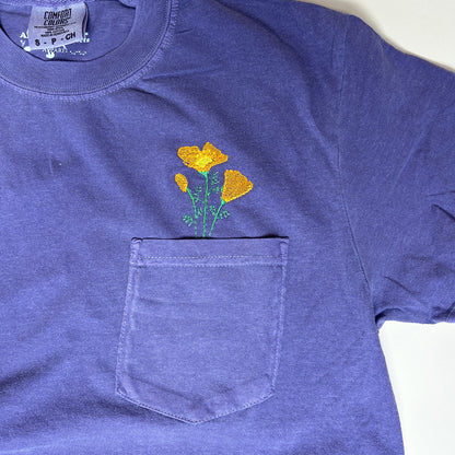 Unisex Embroidered California Poppy Pocket Tee in Comfort Colors