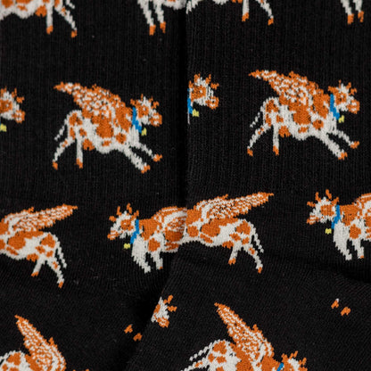 Flying Cow Socks in Black Cotton for Women Animal Print