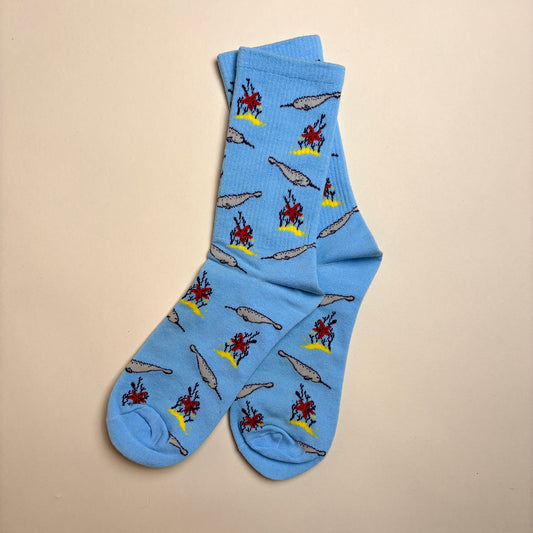 Narwhal-Themed Fun Print Blue Cotton Socks for Women