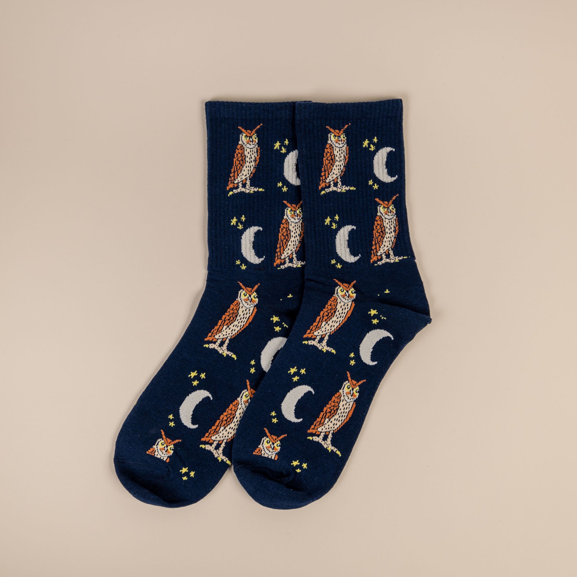 Owl and Moon Cotton Socks Womens