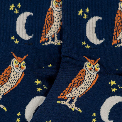 Lightweight Women's Crew Socks with Unique Owl Moon Design in Navy Cotton