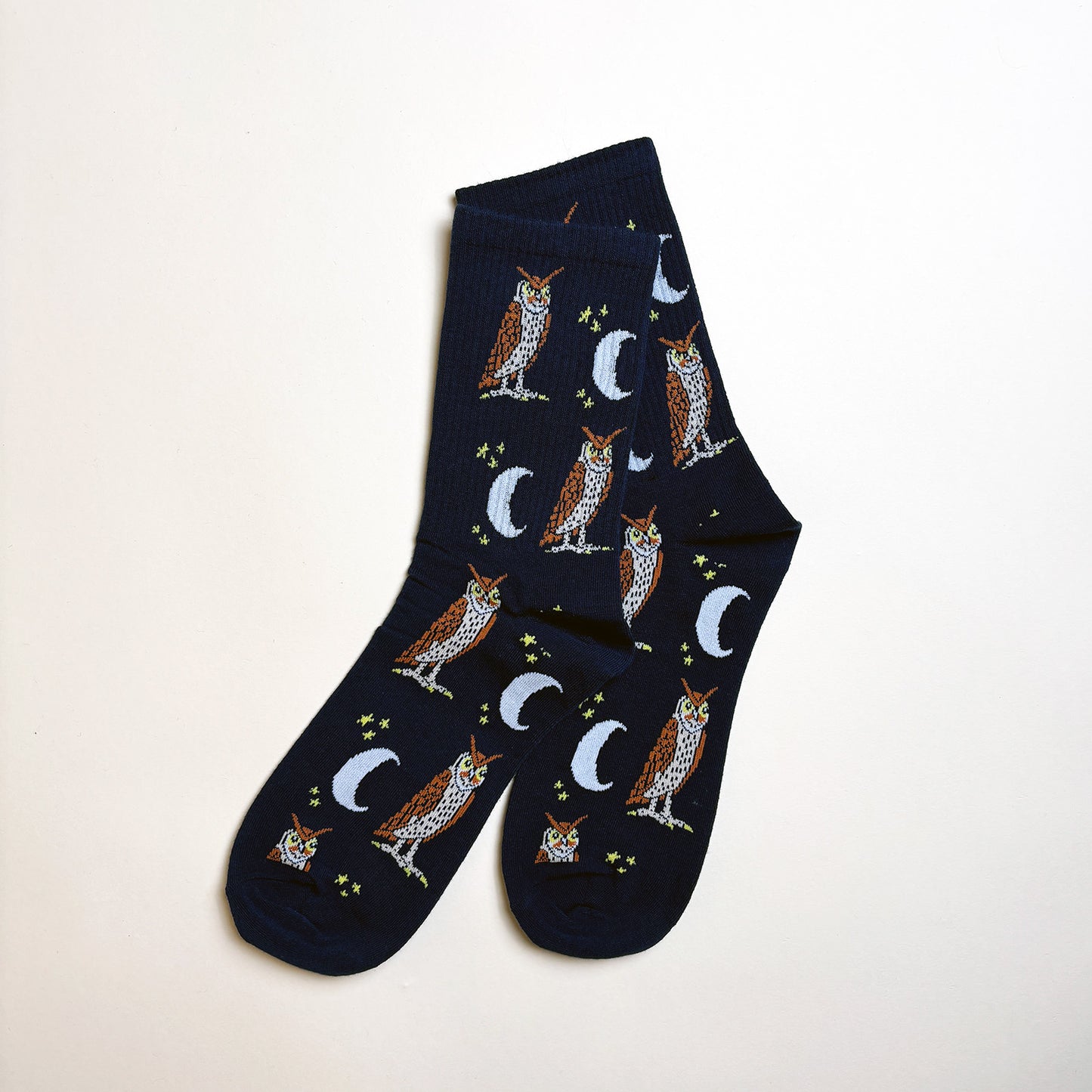 Lightweight Women's Crew Socks with Unique Owl Moon Design in Navy Cotton