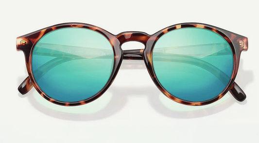 round tortoiseshell frames with blue lenses