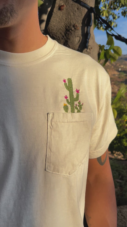 Botanical Cactus Embroidered Flower Unisex Tee Pocket Shirt