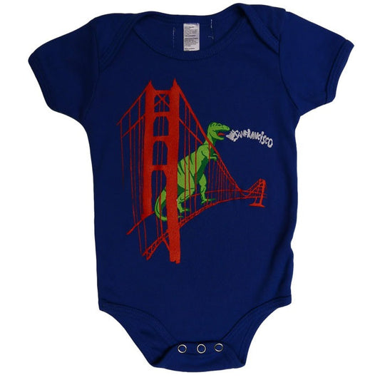 Blue San Francisco Baby Onesie Dinosaur On Golden Gate Bridge