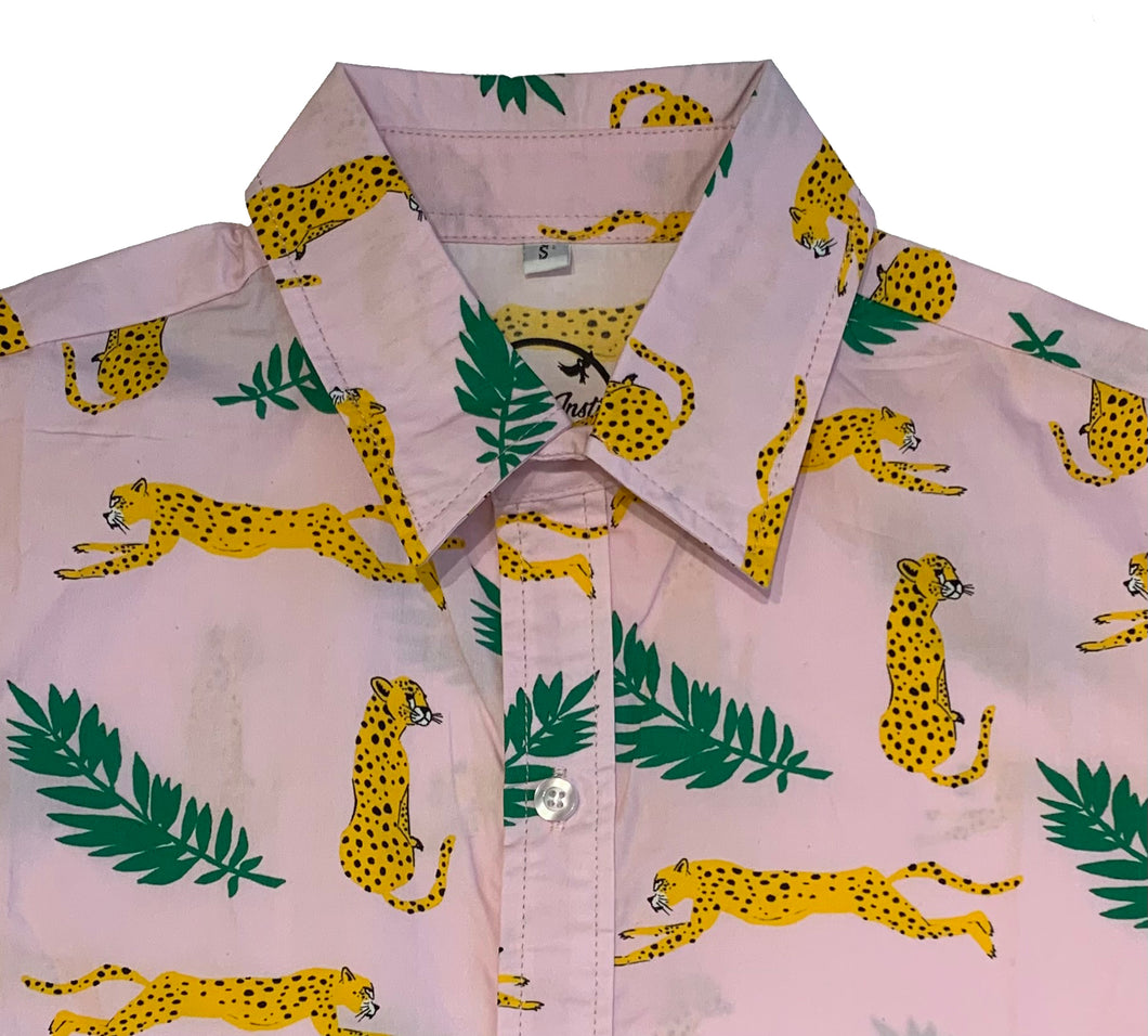 Unisex Pink Cheetah Short Sleeve Cotton Button Up Animal Print Shirt