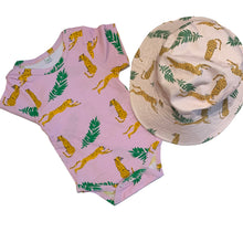 Cheetah Baby cotton onesie and reversible bucket hat set