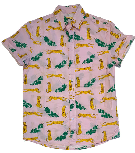 Unisex Pink Cheetah print Short Sleeve Cotton Button Up Shirt