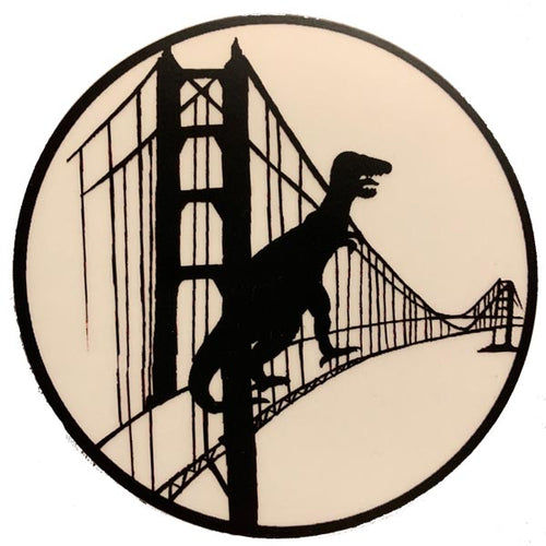 An image of the Golden Gate Bridge and a dinosaur on a vinyl sticker.