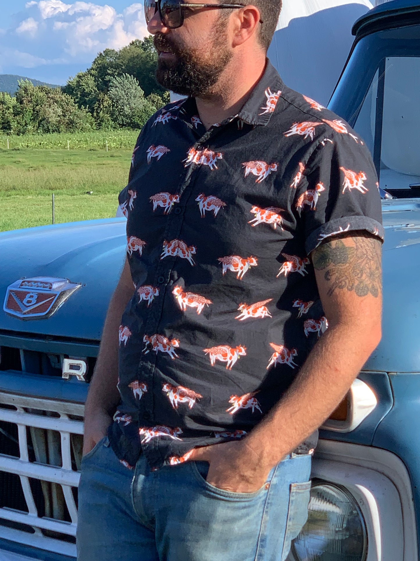 Unique Animal Button-Up Shirt with Cowprint Design - Flying Cows