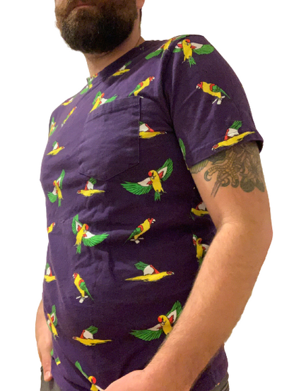 Unisex Flying Parrots Midnight Purple Cotton Pocket Tee