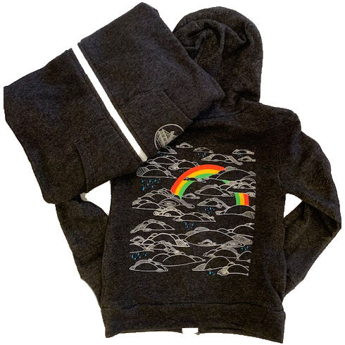 Black hoodie with gray clouds and rainbows.