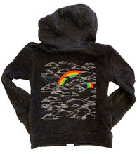 Black hoodie with gray clouds and rainbows.