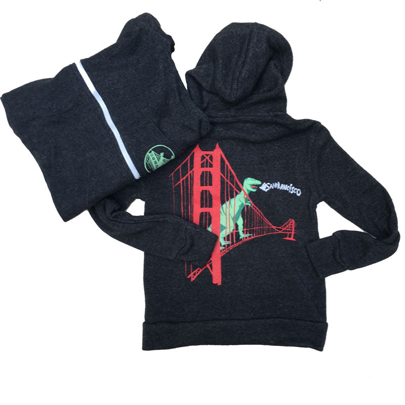 Kids' Heather Black San Francisco Dinosaur Fleece Zip Hoodie – Made in San Francisco
