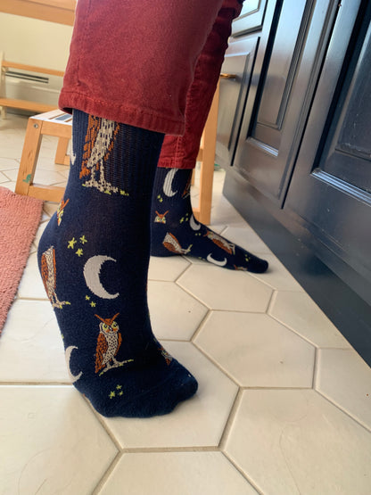 Lightweight Women's Crew Socks with Unique Owl Moon Design in Navy Cotton