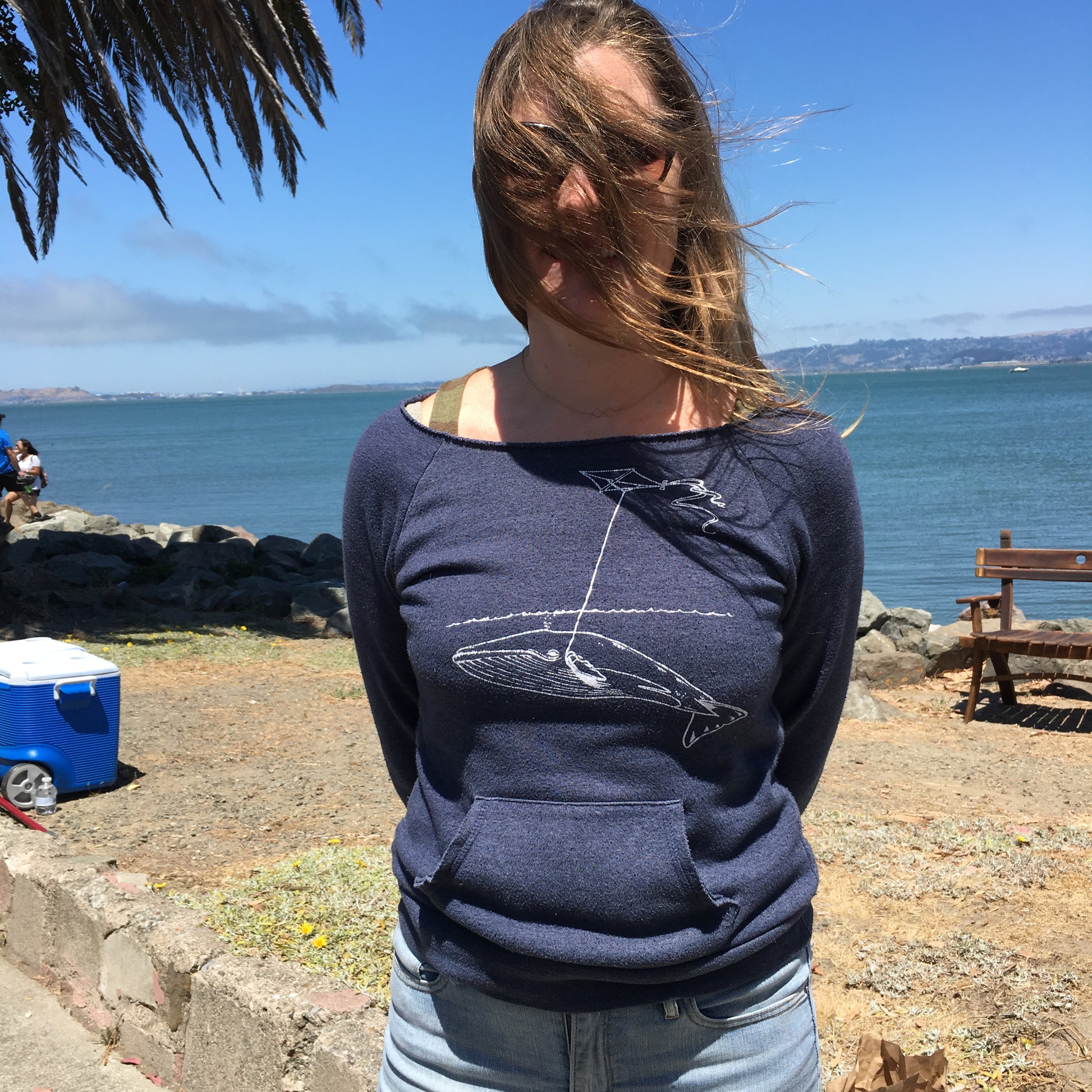 Womens Navy Whale Sweater - Whimsical Hand-Drawn Whale