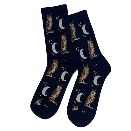 Lightweight Women's Crew Socks with Unique Owl Moon Design in Navy Cotton