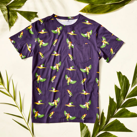 Unisex Flying Parrots Midnight Purple Cotton Pocket Tee