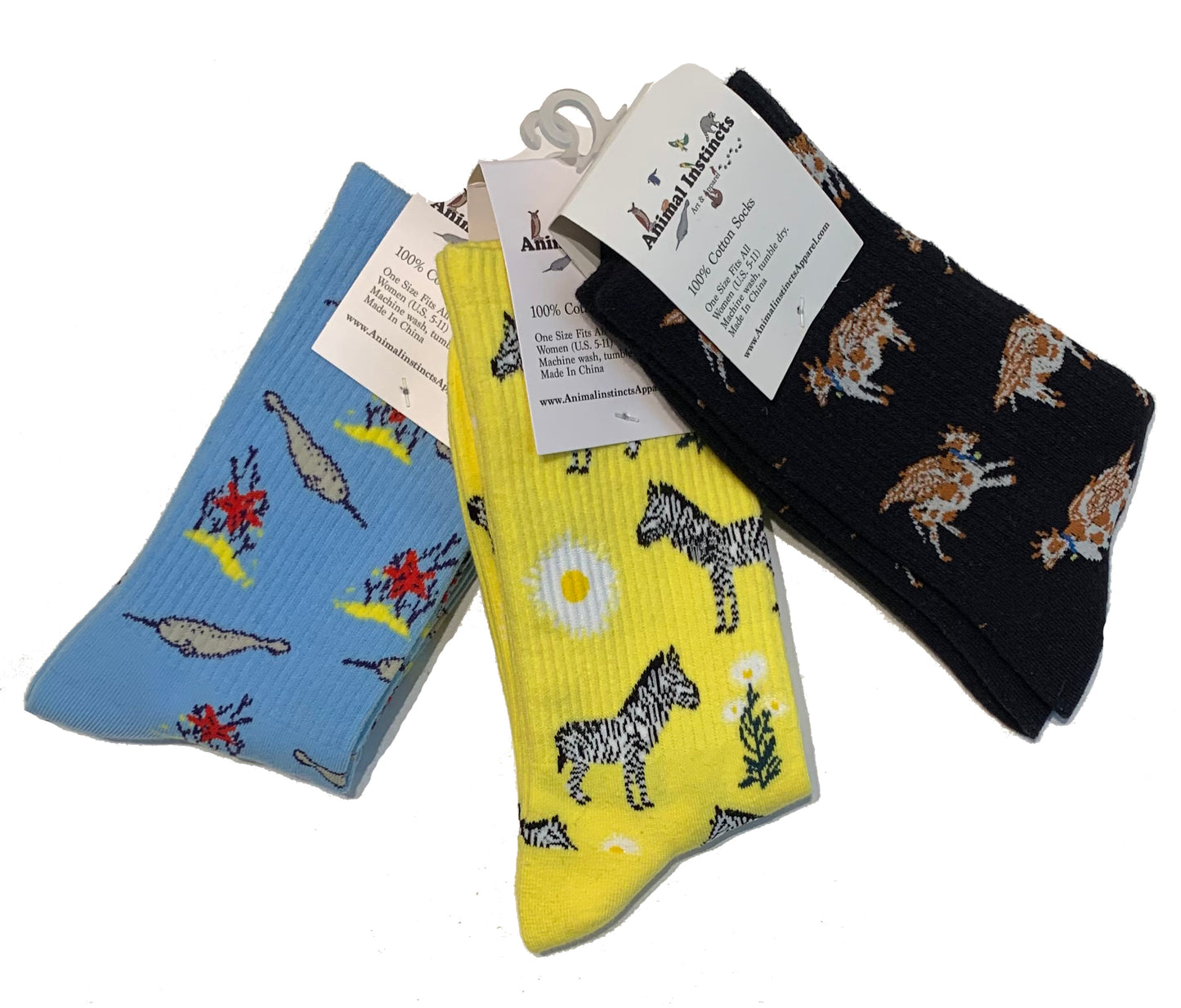 Womens Cotton Sock Bundle - Narwhal, Flying Cows and Zebra Print