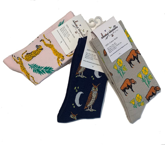 Womens Cotton Sock Bundle - Owl Moon, Bison Poppy and Cheetah Prints