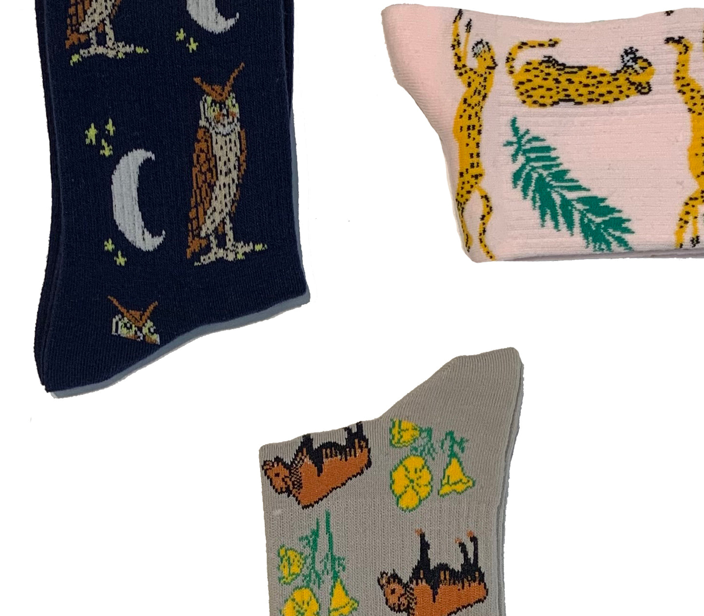 Womens Cotton Sock Bundle - Owl Moon, Bison Poppy and Cheetah Prints